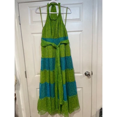 Maxi Vestido Halter 100% Seda Signature Robbie Bee Largo Espalda Abierta Verde Azul XL Foto 1 de 4