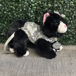 POOCHIE & CO Plush Black & White Kitten Kitty Cat Purse Sparkly Silver Blue Eyes - Picture 1 of 13