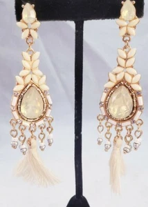 Large Long Faux Crystal Tassel White Cream Statement Dangle Chandelier Earrings - Picture 1 of 7