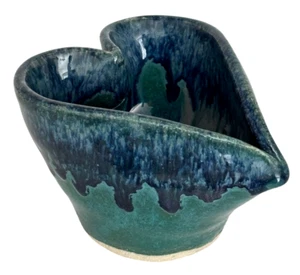 Heart-Shaped Art Pottery Bowl Blue Drip Glaze Artist Signed - Picture 1 of 9