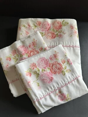 Vtg JC Penney Full Flat Sheet 2 Pillowcases Pink Roses Embroidery Lace Cottage - Image 1 of 4