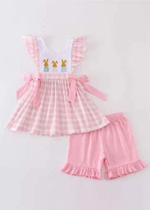 Girl's Boutique Pink Easter Bunny Bow Girl Embroidered Embroidery Short Set Matc - Picture 1 of 6