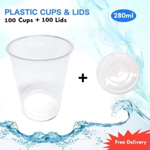 Reusable Plastic Cups 100/Pk Flat Lids 280ML Party Reusable Cups - Picture 1 of 1