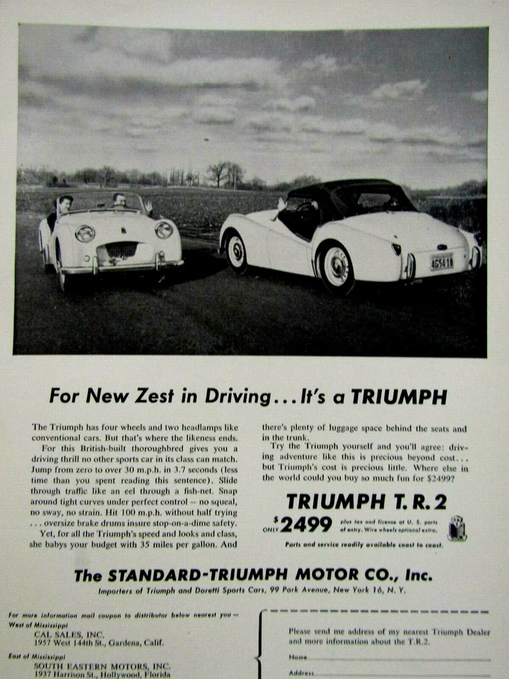 1955 Triumph TR 2 Vintage For The New Zest In Driving Original Print Ad 8.5x11" - Image 1 of 4