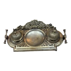 ANTIQUE ORNATE ART DOUBLE INKWELL TRAY DESK WRITING BRASS 11”x  5 made in India - Picture 1 of 7