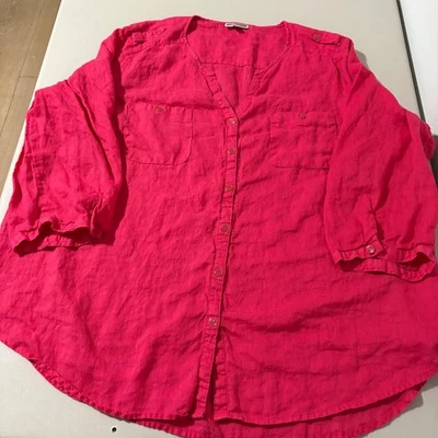 JM Collection Woman 24W Pink 100% Linen 3/4 Sleeve Button Down Shirt Top - Image 1 of 4