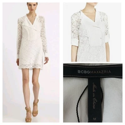 BCBGMAXAZRIA Shift Dress M Lunah Cream Lace Mandarin Silk Bib Contrast NWT $268 - Image 1 of 4