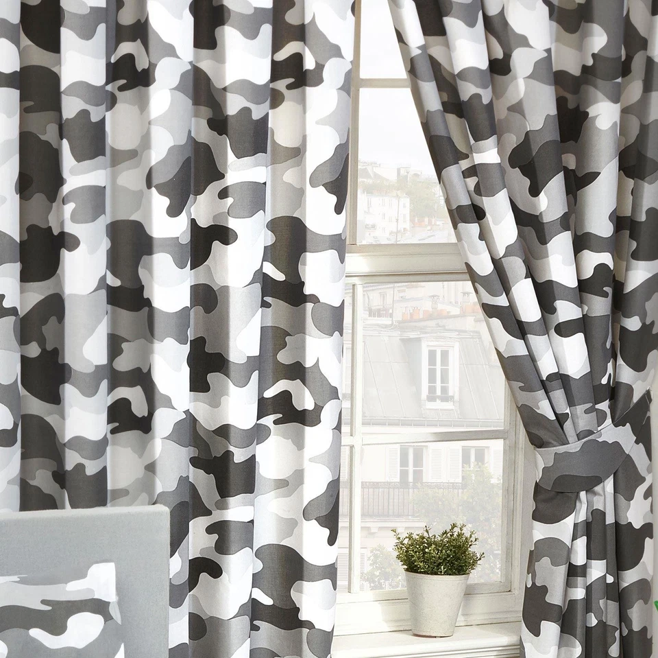 ARMY CAMOUFLAGE GREY LINED CURTAINS BEDROOM NURSERY CHILDRENS 72" DROP