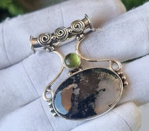 Moss Agate Pendant 925 Sterling Silver Handmade Wedding Gift Jewelry PG3408 - Picture 1 of 3