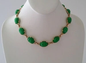 Vintage Unsigned Designer Gold Tone Green Resin Egyptian Revival Scarab Necklace - Picture 1 of 8