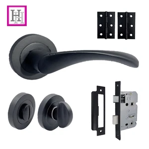 DOOR HANDLES MATT BLACK BATHROOM Latch Twist Lever On Round Rose & Lock + Hinges - Picture 1 of 14