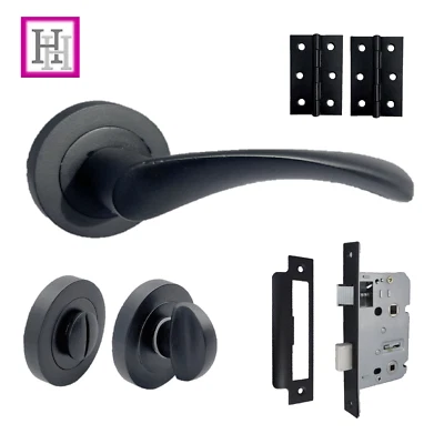 DOOR HANDLES MATT BLACK BATHROOM Latch Twist Lever On Round Rose & Lock + Hinges - Image 1 of 4