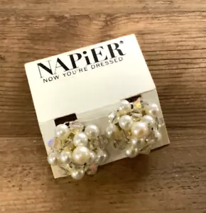 NWT Napier Pearl Aurora Borealis Silver Tone Crystal Clip On Earrings - Picture 1 of 6