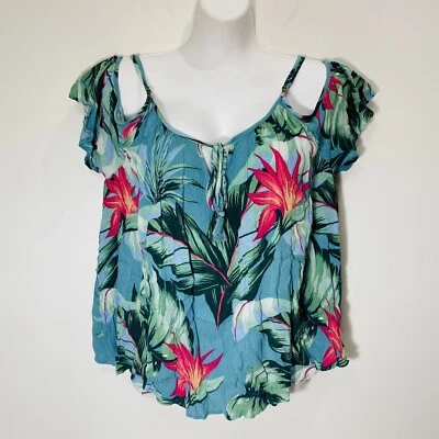 Show me your Mumu Tunic Top Sz L  Off the Shoulder Fringe Tropical - Image 1 of 4