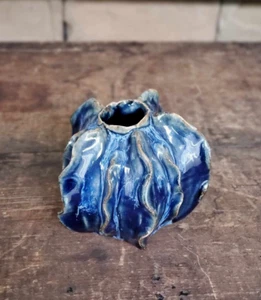 Pottery Vase Cobalt Blue Glaze Luffa Small 3.5 x 4 inch Nautical Coastal Decor - Picture 1 of 6