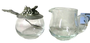 Pair glass milk jug and sugar bowl with pewter lid and spoon - Made in Canada - Picture 1 of 8