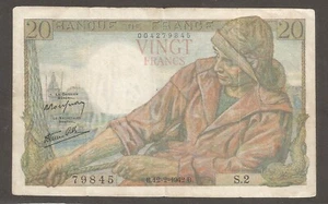 France 20 Francs 12.2.1942; F; P-100a; BNB-B975a; Fisherman; WWII issue - Picture 1 of 2