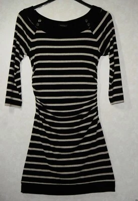 White House Black Market Dress Midi Women S Black Sparkly Tan Boat Ruched Stripe - Image 1 of 4