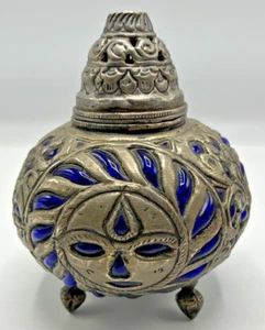 Vintage 1970’s Moroccan Colbalt Blue Glass & Silver Jar With Lid 7” Footed - Picture 1 of 12