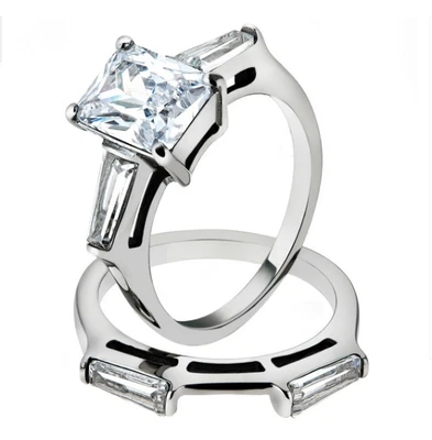 Juego de anillos únicos para mujer de zafiro brillante simulado blanco corte esmeralda de 2 quilates Foto 1 de 4