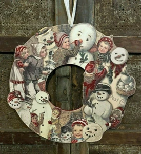 Postal Muñeco de Nieve y Niños Vintage Estilo Retro Madera Navidad Corona Puerta Delantera - Imagen 1 de 8