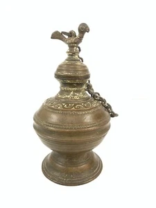 Antique Brass Big lime stone pot with carving and bird figurine - Picture 1 of 10