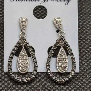 Black and White Diamonds in .925 Sterling Drop Earrings - Picture 1 of 3