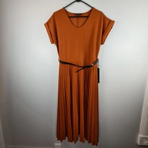 Elizabeth & Nicole Pleated Midi Dress Cuffed Sleeve Belted Large Rust Orange - Picture 1 of 9