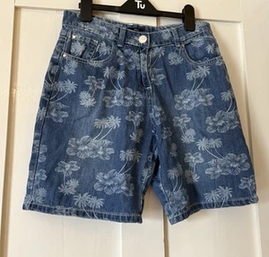 M&Co Blue Tropical Floral Denim Mid Length Shorts UK10 L8" - Picture 1 of 3