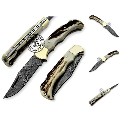 Beautiful 6.5'' Folding Pocket Knife: Handmade Damascus with Stag Horn Handle - Image 1 of 4