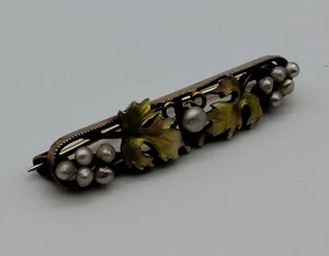 Antike 14K Gelbgold Blatt Emaille Perle gelb grün Brosche Anstecknadel Krementz - Bild 1 von 9