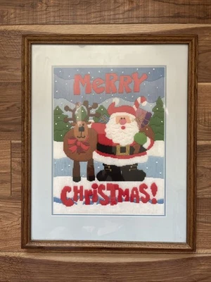 Vintage Embroidery Long Stitch  MERRY CHRISTMAS Santa &Reindeer Framed 22 X 18 - Image 1 of 4