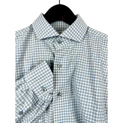 Lorenzo Uomo Mens Dress Shirt 15.5 32/33 Trim Fit Blue Check Plaid Cotton Blend - Image 1 of 4