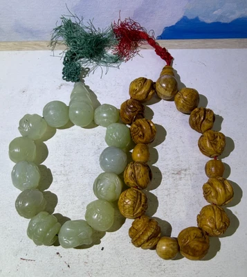 Two Vintage Chinese Translucent Jade, Nuts Prayer Beads - Image 1 of 4