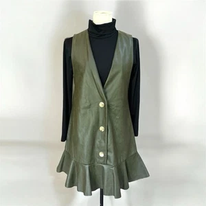 ZARA Green Faux Vegan Leather Sleeveless Button Pinafore Ruffle Mini Dress S - Picture 1 of 15