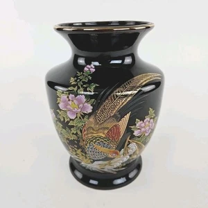 Vintage  Japenese Vase, Black Porcelain With Gold, Pheasant Gilded Gold - Picture 1 of 9