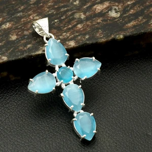 Cat Eye Gemstone Ethnic Handmade Cross Pendant Jewelry For Women 2.6" AP-28524 - Picture 1 of 1