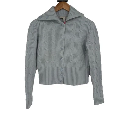 Y2K Tommy Hilfiger Wool Angora Funnel Neck Cable Knit Sweater M Blue Cardigan - Image 1 of 4