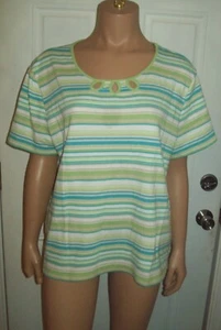 Size XL Southern Lady Green, white, blue,& beige striped short sleeve Top - Picture 1 of 3