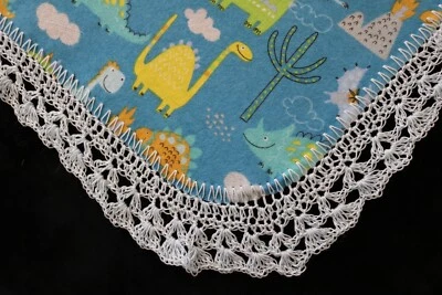 Receiving Blanket Hand Crocheted Edge New Baby Shower Boy's DINOSAURS TROPICAL! - Image 1 of 4