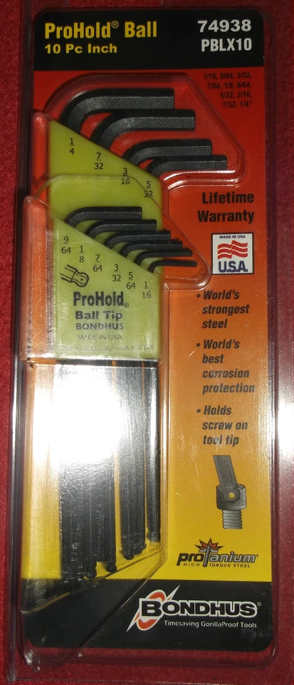 Bondhus PBLX10 10 Piece ProHold Imperial Long Ball End Hex Allen Key Set 74938 - Image 1 of 1