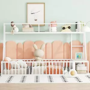Twin Size Floor Bed Frame with Safety Fence, Desk and Storage Shelves, White - Picture 1 of 5