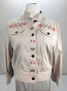 Jones Wear Jeans Women Khaki Denim Jacket with Floral Embroidery Size L - Picture 1 of 11