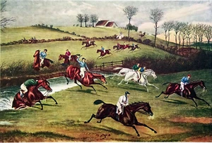 ANGLETERRE :VALLÉE d'AYLESBURY: STEEPLE CHASE (SAUT de RIVIÈRE)- Gravure couleur - Picture 1 of 2