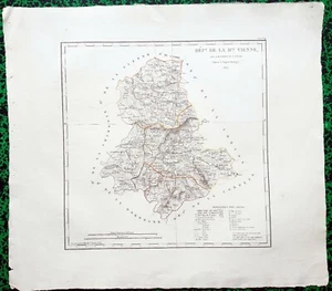 Dépt 87 - Atlas Royaume de France Rare Carte Aquarellée 45x40 cm + Texte - 1825 - Bild 1 von 2