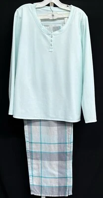 Women's 2pc Sonoma Size XL Flannel/thermal Knit PJ Set Gray/Aqua Plaid Pants/Top - Image 1 of 4