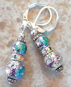 RAINBOW FOIL LAVA ROCK & Rhinestone drop earring artisan SP leverback XGE - Picture 1 of 7