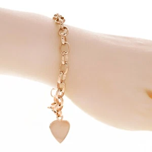 10k Rose Gold Solid Rolo Chain Engravable Heart Charm Bracelet 7mm 7.5" 15 grams - Picture 1 of 2