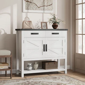 Farmhouse Entryway Table with 2 Doors & 2 Drawers, Wood Coffee Bar Cabinet - Picture 1 of 14