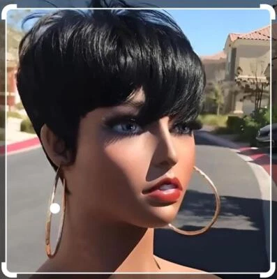 Human Hair Wig Short Straight Pixie Cut Black No Lace Glueless Wigs Black Soft - Image 1 of 4